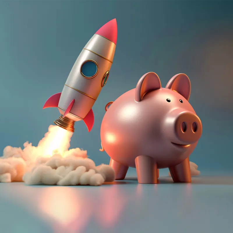 Sparschwein mit startender Rakete. 